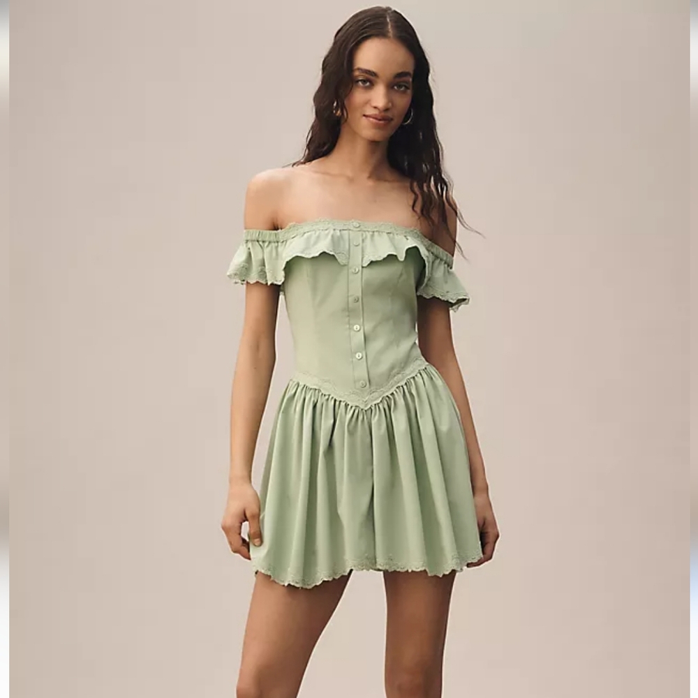 NWT Anthropologie Mare Mare Green Off The Shoulder Ruffle Romper Size Large